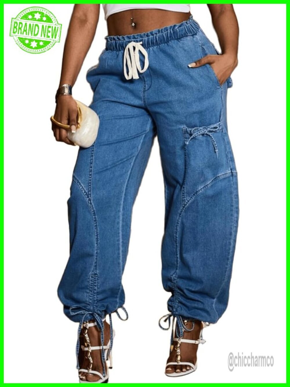 Wide Leg Baggy Jeans Plus Size Loose Elastic Waist Denim Pants with Pockets